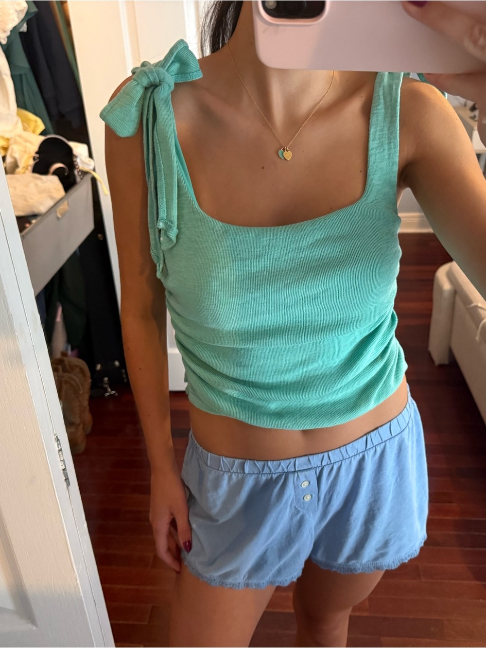 Free People Mint Tie-Shoulder Square Neck Tank